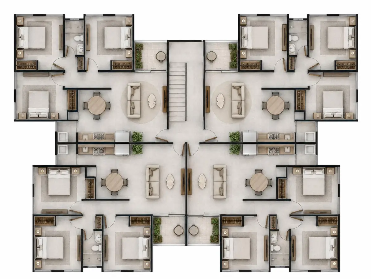 Planta tipo del nivel: cuatro apartamentos